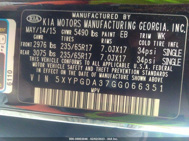 5XYPGDA37GG066351 KIA SORENTO LX