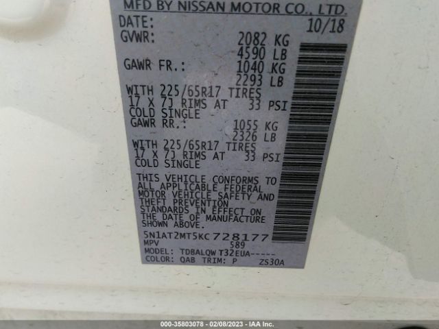 5N1AT2MT5KC728177 Nissan ROGUE SV