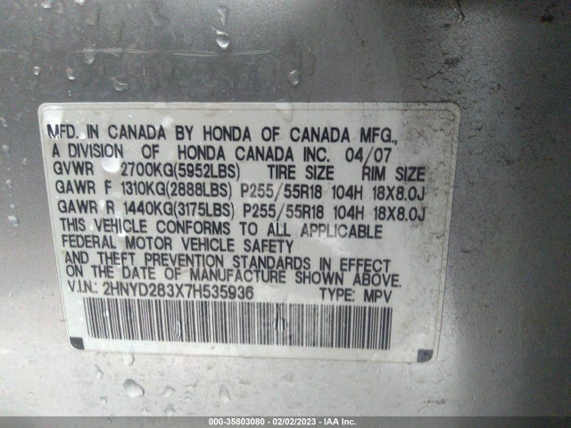 Acura Mdx Tech Pkg 2007 2HNYD283X7H535936 Image 10