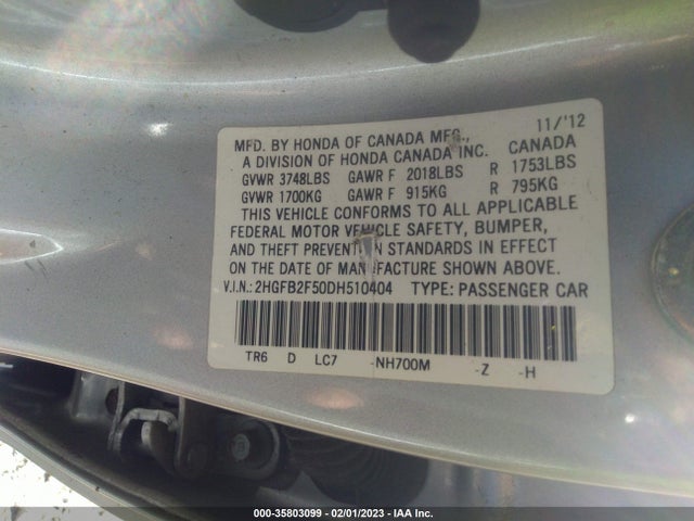 2013 HONDA CIVIC SDN LX VIN: 2HGFB2F50DH510404