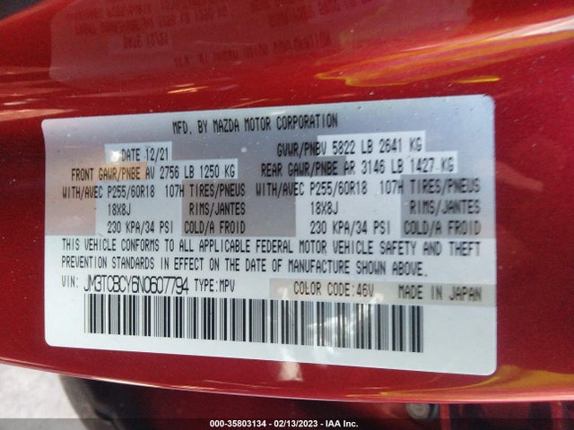 2022 Mazda CX-9, VIN: JM3TCBCY6N0607794