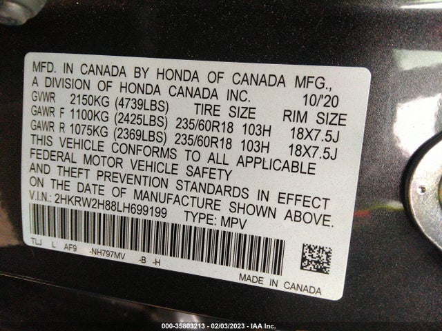 Honda Cr-v Ex-l 2020 2HKRW2H88LH699199 Image 9