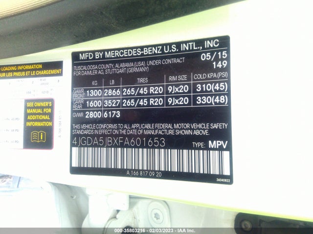 2015 Mercedes-Benz M-Class, VIN: 4JGDA5JBXFA601653