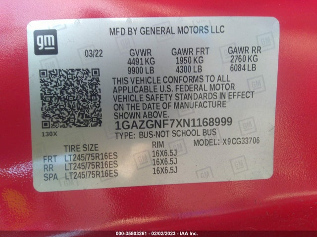 2022 Chevrolet Express, VIN: 1GAZGNF7XN1168999