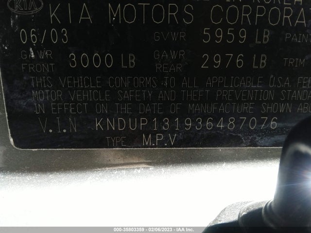2003 KIA SEDONA LX/EX VIN: KNDUP131936487076