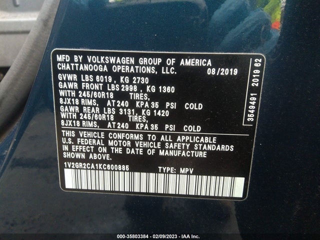 2019 Volkswagen Atlas, VIN: 1V2GR2CA1KC600885