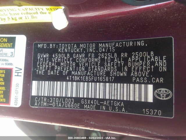 Toyota AVALON LIMITED 2015 4T1BK1EB5FU165817 Image 9