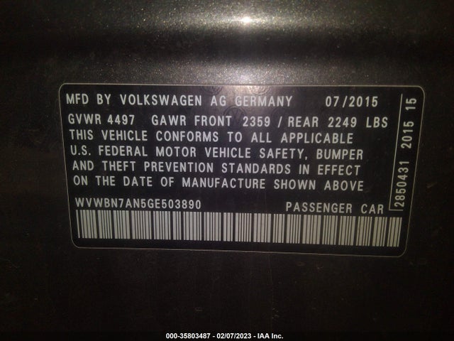 2016 Volkswagen CC, VIN: WVWBN7AN5GE503890