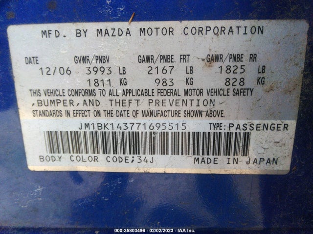 2007 MAZDA MAZDA3 S SPORT VIN: JM1BK143771695515