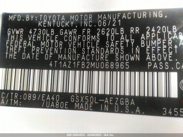 2021 TOYOTA AVALON XLE VIN: 4T1AZ1FB2MU068965