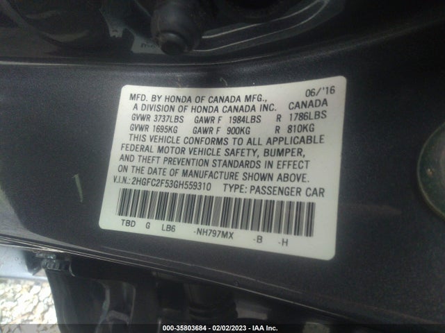 2016 HONDA CIVIC SEDAN LX VIN: 2HGFC2F53GH559310