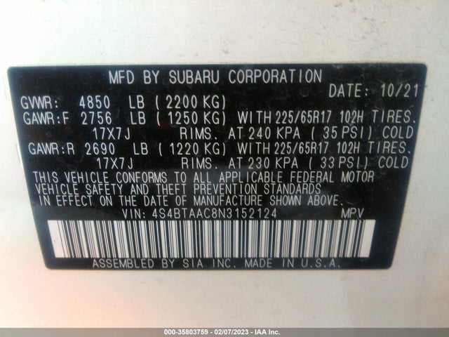 2022 SUBARU OUTBACK VIN: 4S4BTAAC8N3152124
