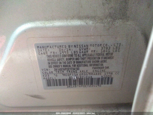 2014 NISSAN SENTRA SV VIN: 3N1AB7AP0EY234190