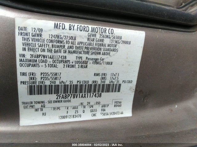 2010 FORD POLICE INTERCEPTOR VIN: 2FABP7BV1AX117438