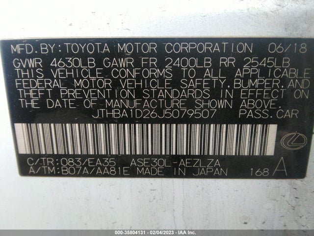 2018 Lexus IS, VIN: JTHBA1D26J5079507