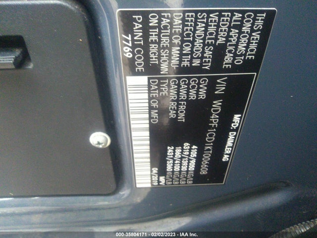 2019 Mercedes-Benz Sprinter, VIN: WD4PF1CD1KT006608
