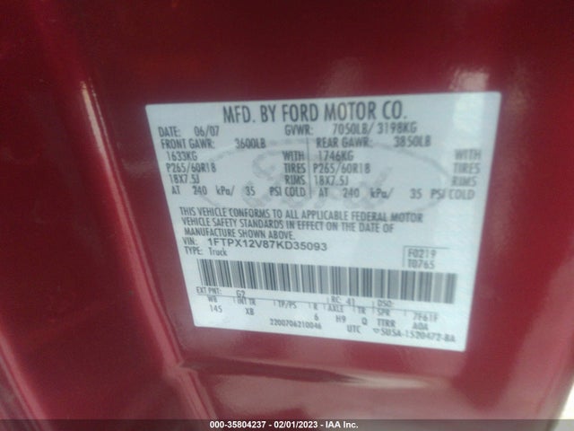 2007 FORD F-150 XL/STX/XLT/LARIAT/FX2 VIN: 1FTPX12V87KD35093