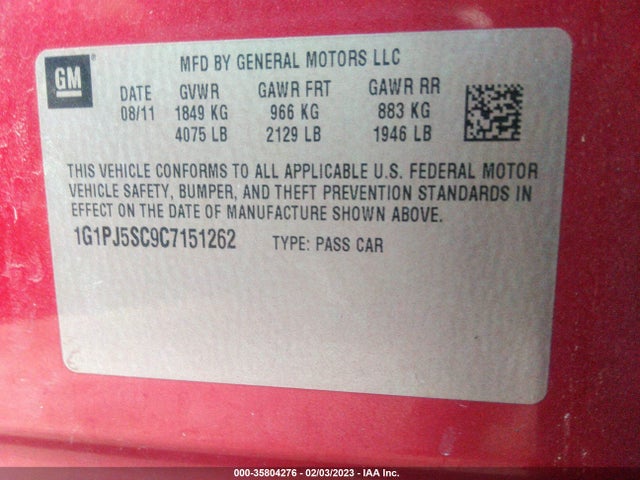 2012 CHEVROLET CRUZE ECO VIN: 1G1PJ5SC9C7151262