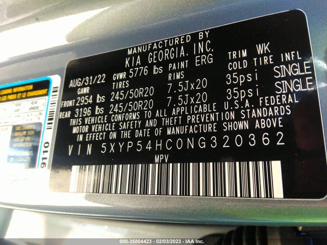 2022 KIA TELLURIDE SX VIN: 5XYP54HC0NG320362