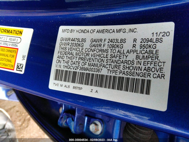 2021 Honda Accord, VIN: 1HGCV2F36MA003367