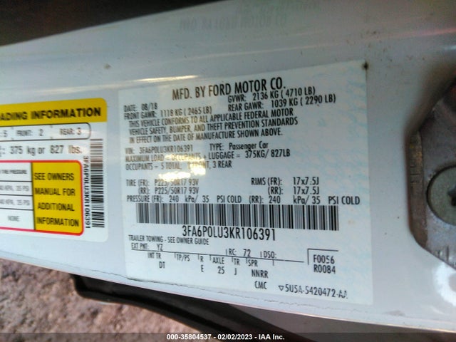 2019 Ford Fusion, VIN: 3FA6P0LU3KR106391