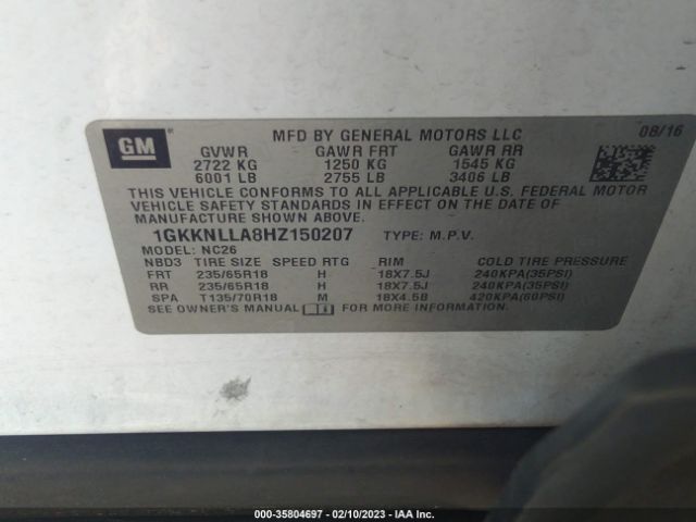 1GKKNLLA8HZ150207 GMC ACADIA SLE