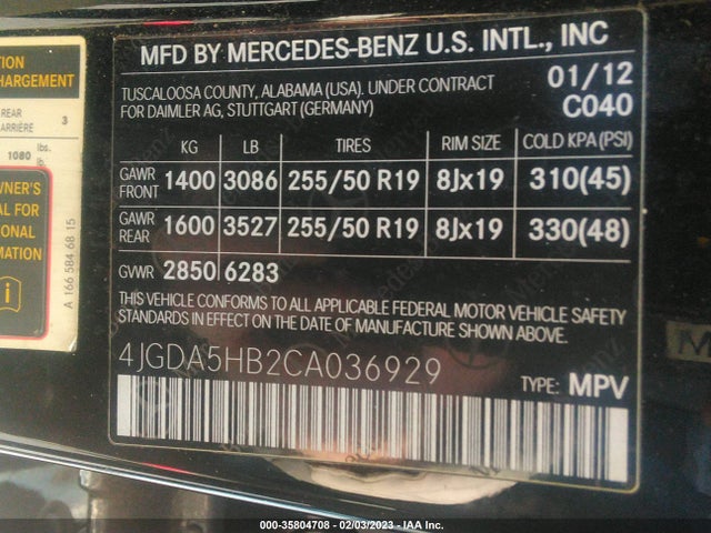 2012 MERCEDES-BENZ M-CLASS ML 350 VIN: 4JGDA5HB2CA036929