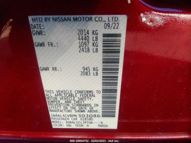 1N4AL4CV8PN303086 Nissan Altima 2.0 Sr