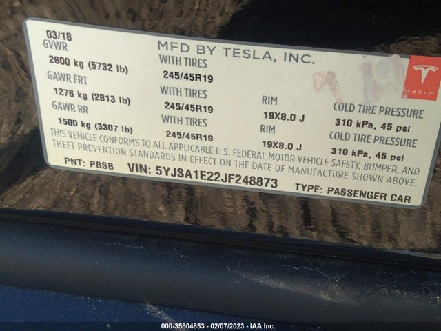2018 Tesla Model S, VIN: 5YJSA1E22JF248873