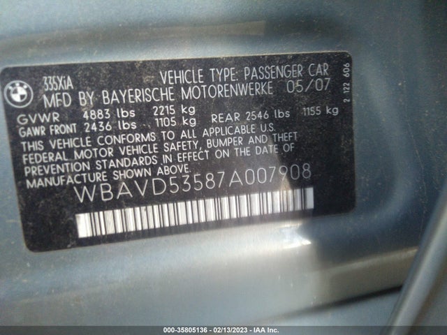 2007 BMW 3 SERIES 335XI VIN: WBAVD53587A007908