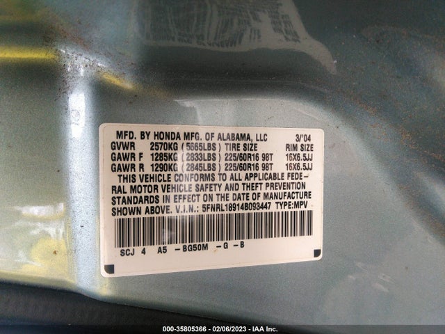 2004 HONDA ODYSSEY EX-L VIN: 5FNRL18914B093447