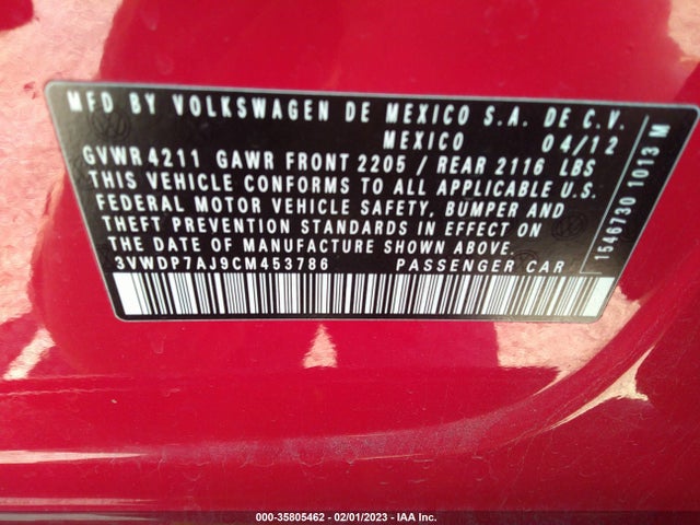2012 VOLKSWAGEN JETTA SEDAN SE PZEV VIN: 3VWDP7AJ9CM453786