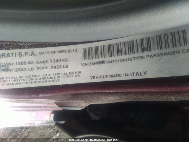2015 MASERATI GHIBLI S Q4 VIN: ZAM57RTA4F1134812