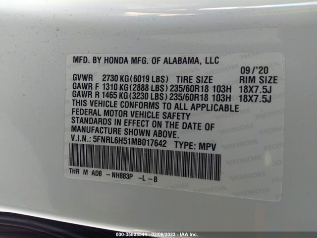 Honda ODYSSEY EX 2021 5FNRL6H51MB017642 Image 10