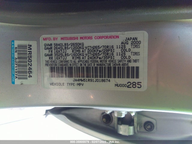 2001 MITSUBISHI MONTERO LTD VIN: JA4MW51R91J018674