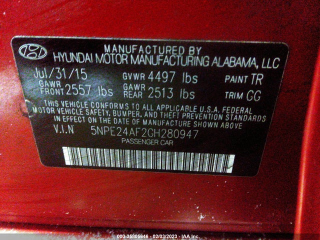 2016 HYUNDAI SONATA 2.4L SE VIN: 5NPE24AF2GH280947