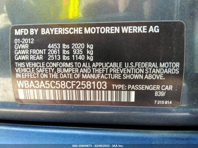 2012 BMW 3 SERIES 328I VIN: WBA3A5C58CF258103