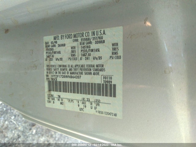 1998 FORD F-150 VIN: 1FTZF1728WNB64207
