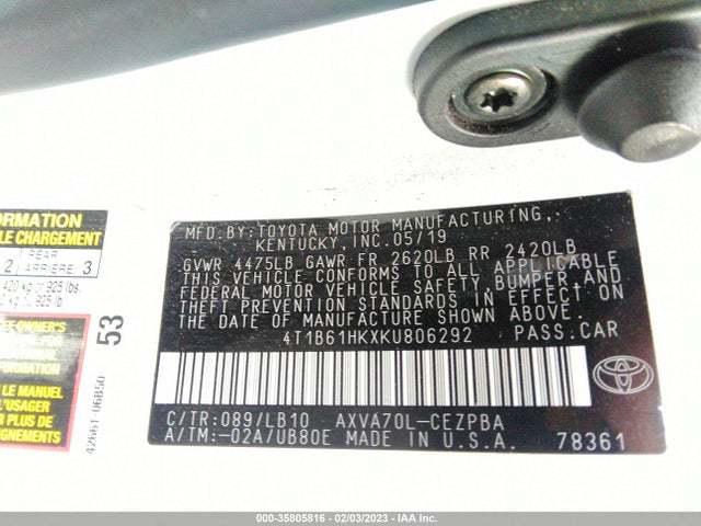 2019 Toyota Camry, VIN: 4T1B61HKXKU806292