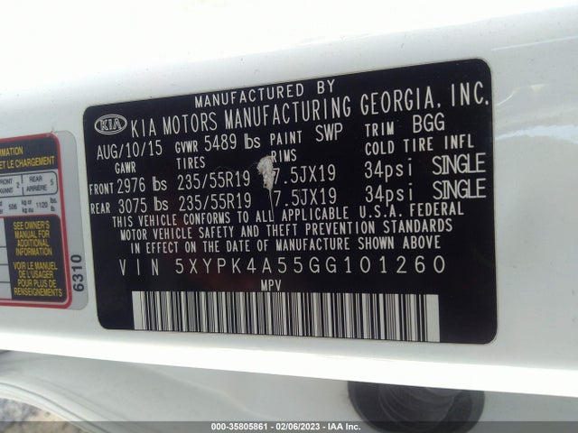2016 Kia Sorento, VIN: 5XYPK4A55GG101260