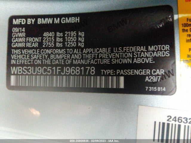 2015 BMW M4, VIN: WBS3U9C51FJ968178