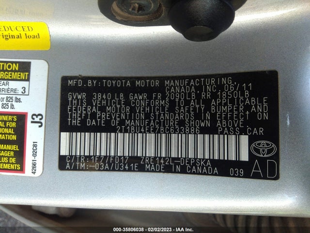 2011 TOYOTA COROLLA L/LE/S VIN: 2T1BU4EE7BC633886
