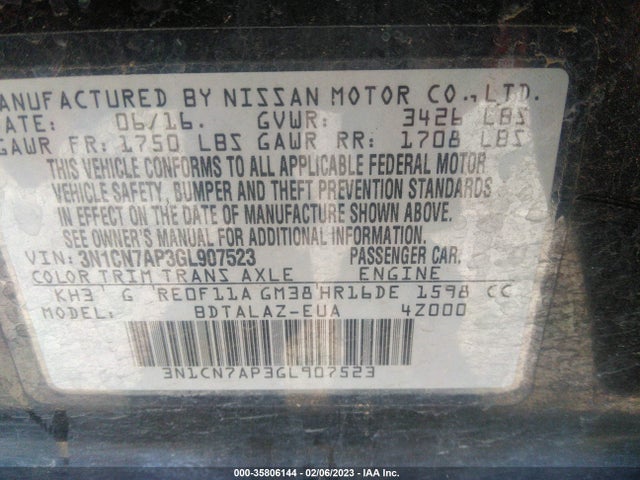 2016 Nissan Versa, VIN: 3N1CN7AP3GL907523