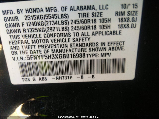 Honda Pilot Ex 2016 5FNYF5H3XGB016988 Image 9