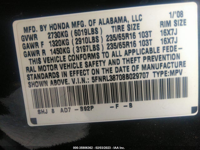 2008 HONDA ODYSSEY EX-L VIN: 5FNRL38708B029707