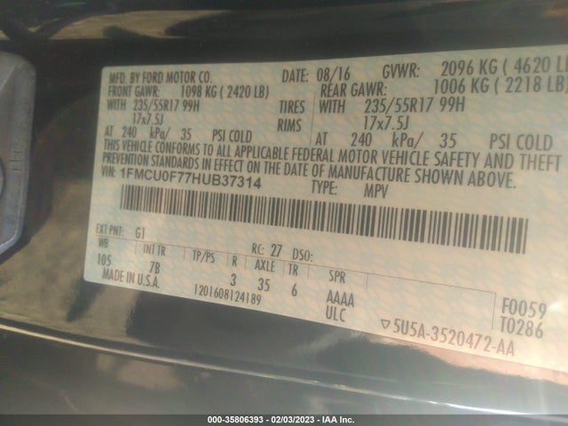 2017 Ford Escape, VIN: 1FMCU0F77HUB37314