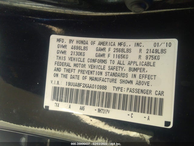 2010 ACURA TL VIN: 19UUA8F2XAA010988