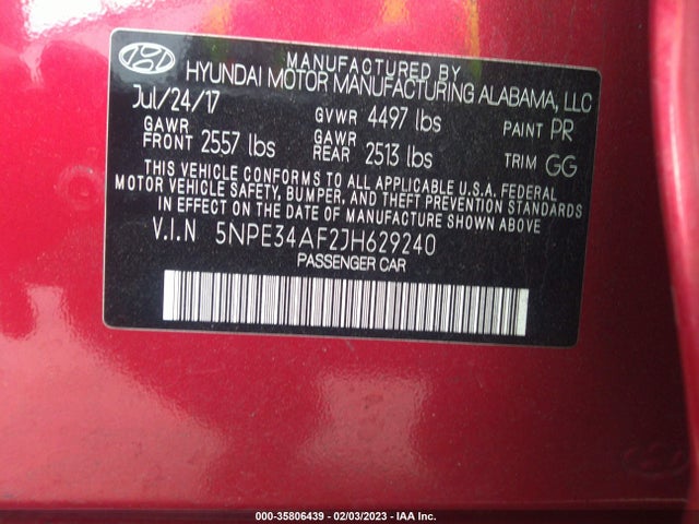 2018 HYUNDAI SONATA LIMITED VIN: 5NPE34AF2JH629240