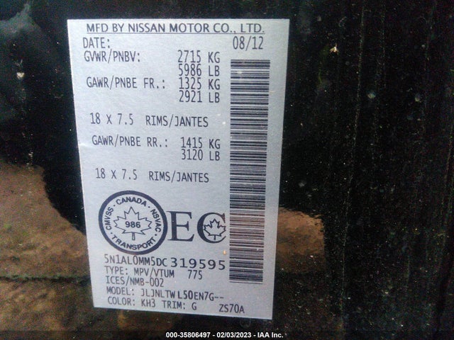 2013 INFINITI JX VIN: 5N1AL0MM5DC319595