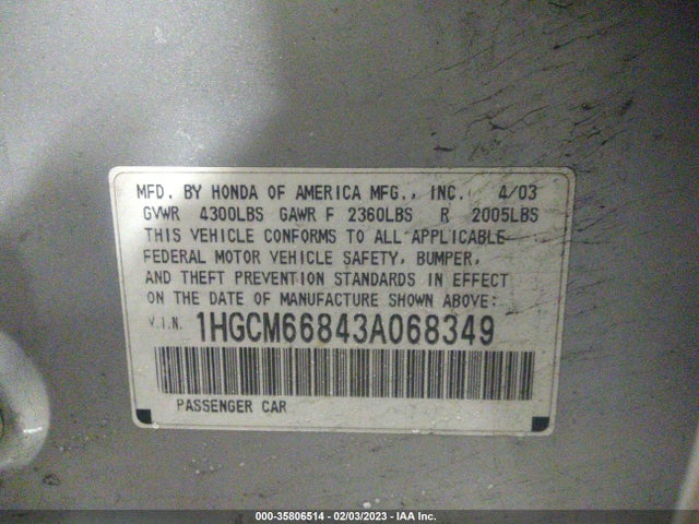 2003 HONDA ACCORD SDN EX VIN: 1HGCM66843A068349